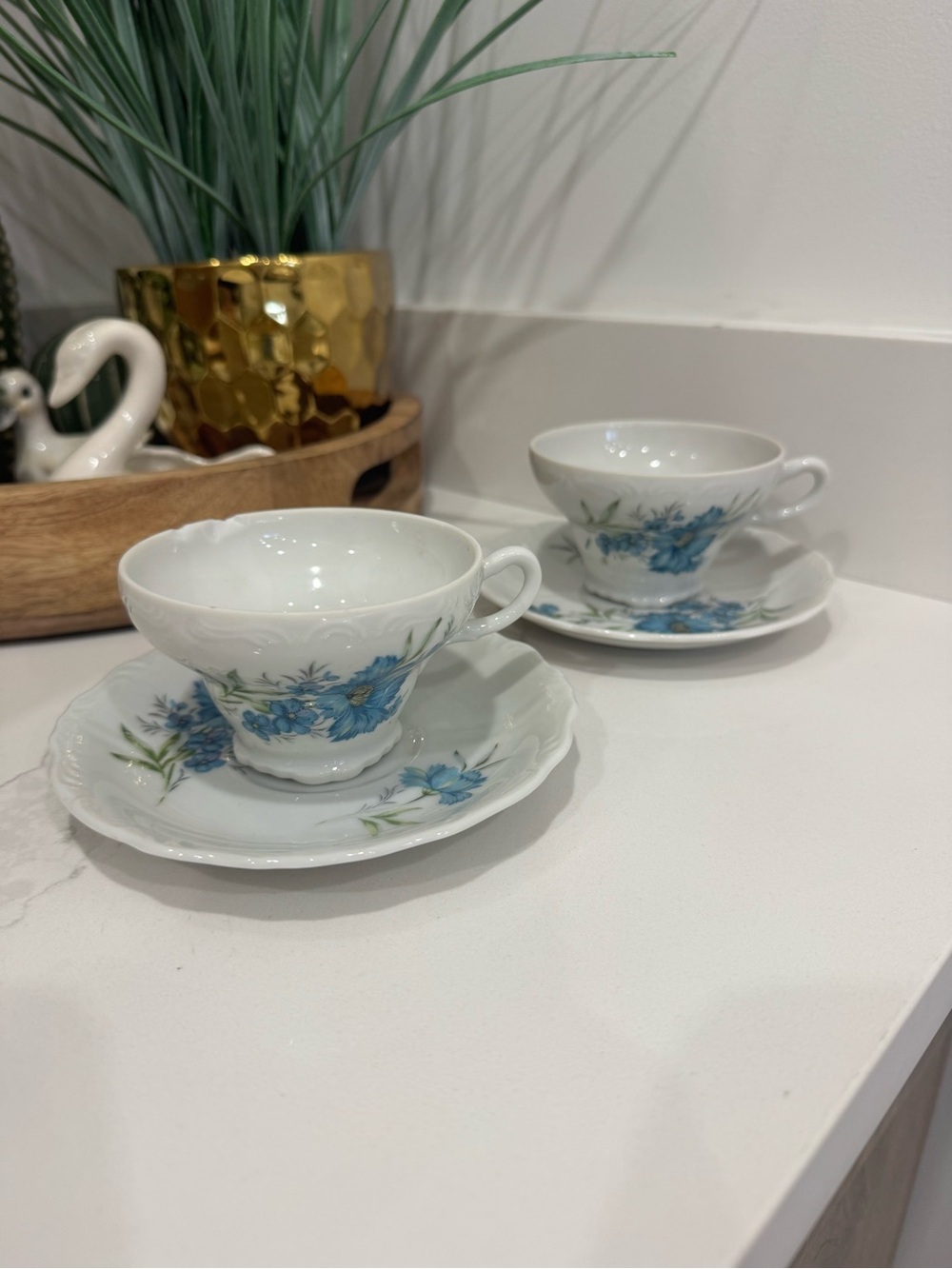 Blue Floral Porcelain Teacup & Saucer Set - 2 Pieces